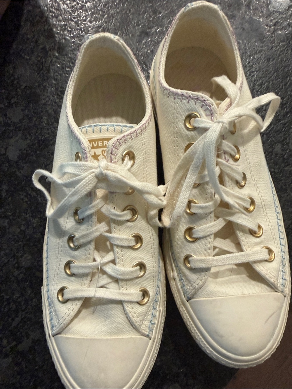 Converse Low Top Canvas Sneakers in Off-White with Gold Eyelets